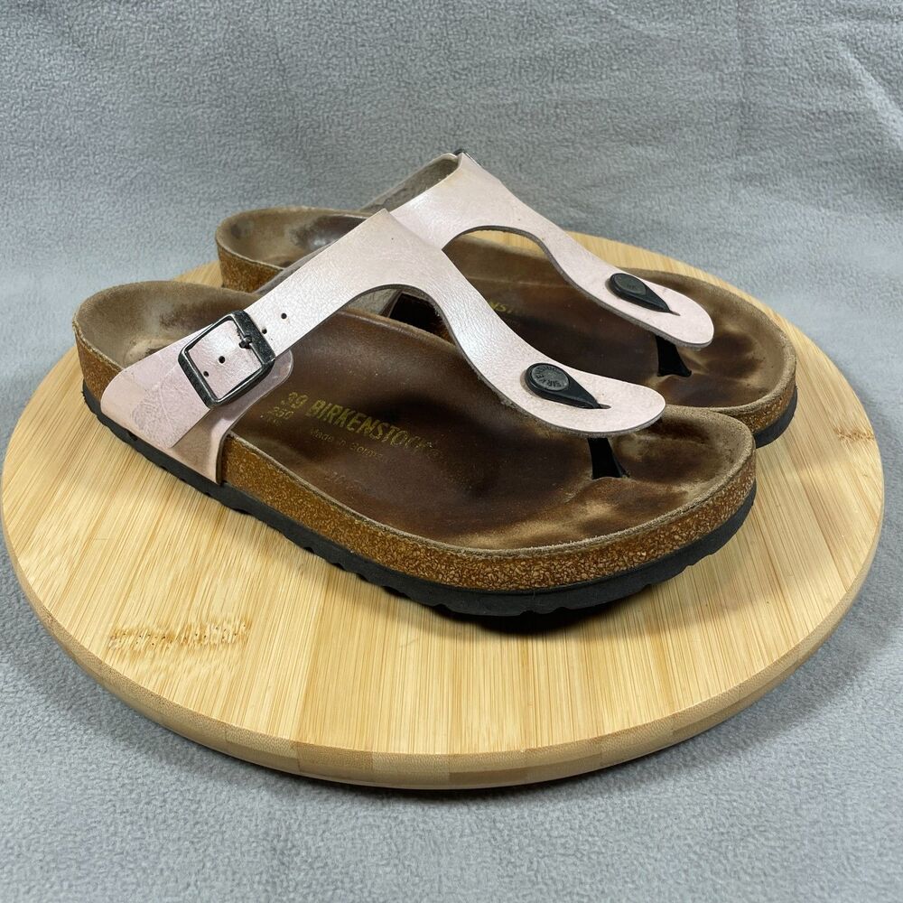 Birkenstock Gizeh Sandals Womens US 8 EU 39 Pink Leather T-Strap Cork Footbed